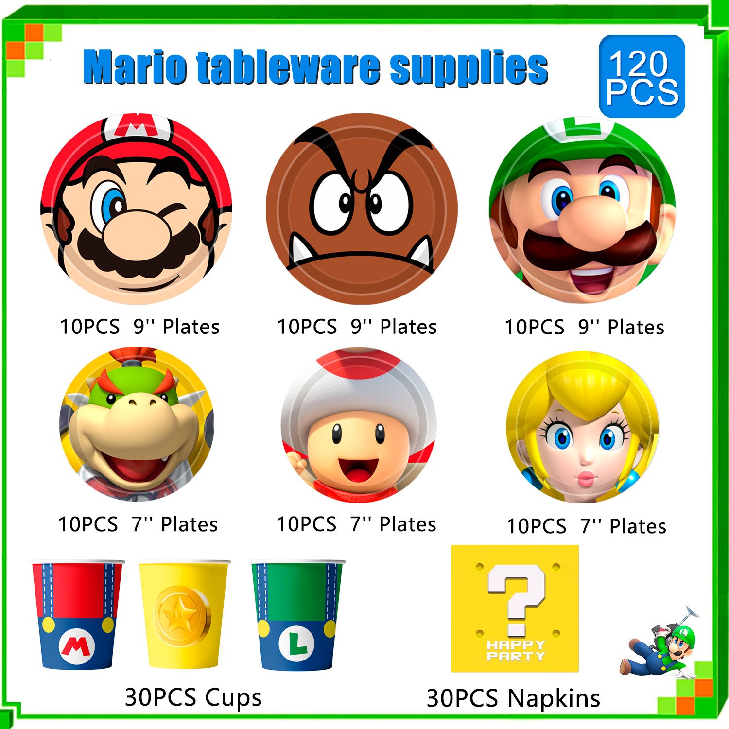120pcs Cartoon Plates and Napkins Set- 30pcs 9''Cartoon Party Plates, 30pcs 7''Cartoon Cake Plates & 30pcs Cartoon Napkins Cups