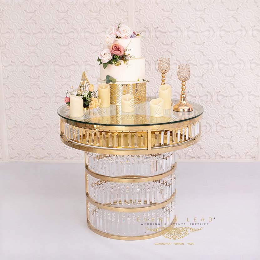 Luxury gold new design stainless steel crystal cake table wedding