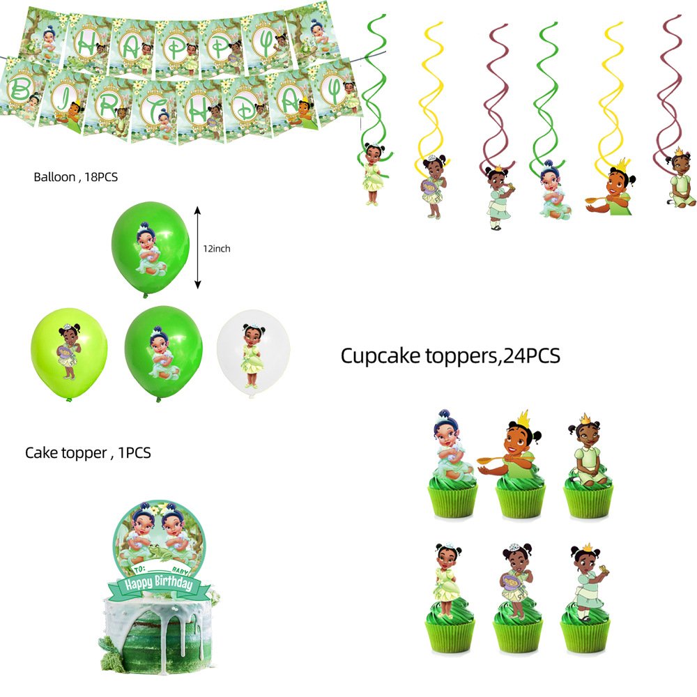 Princess Tiana Party Decoration Kit Happy Birthday Banner Flag Bunting Fog and Princess Latex Balloon Kid's Party Cartoon