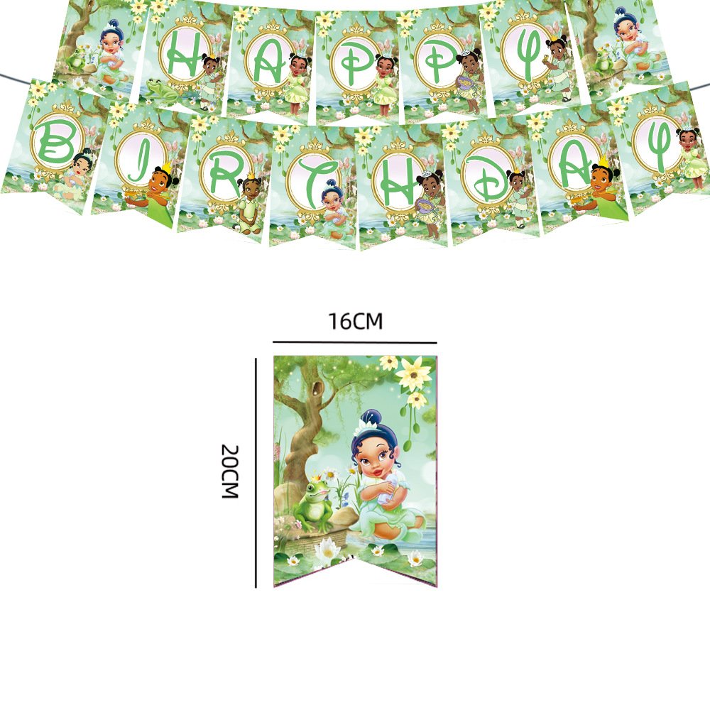 Princess Tiana Party Decoration Kit Happy Birthday Banner Flag Bunting Fog and Princess Latex Balloon Kid's Party Cartoon
