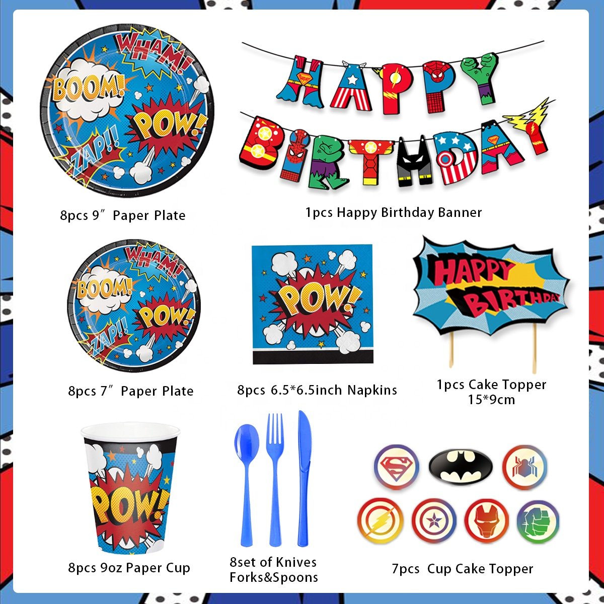 Nicro Super Hero Theme Party Supplies Paper Cup Paper Plate Napkins Cutlery SuperHero Themed Kids Birthday Party Tableware Set