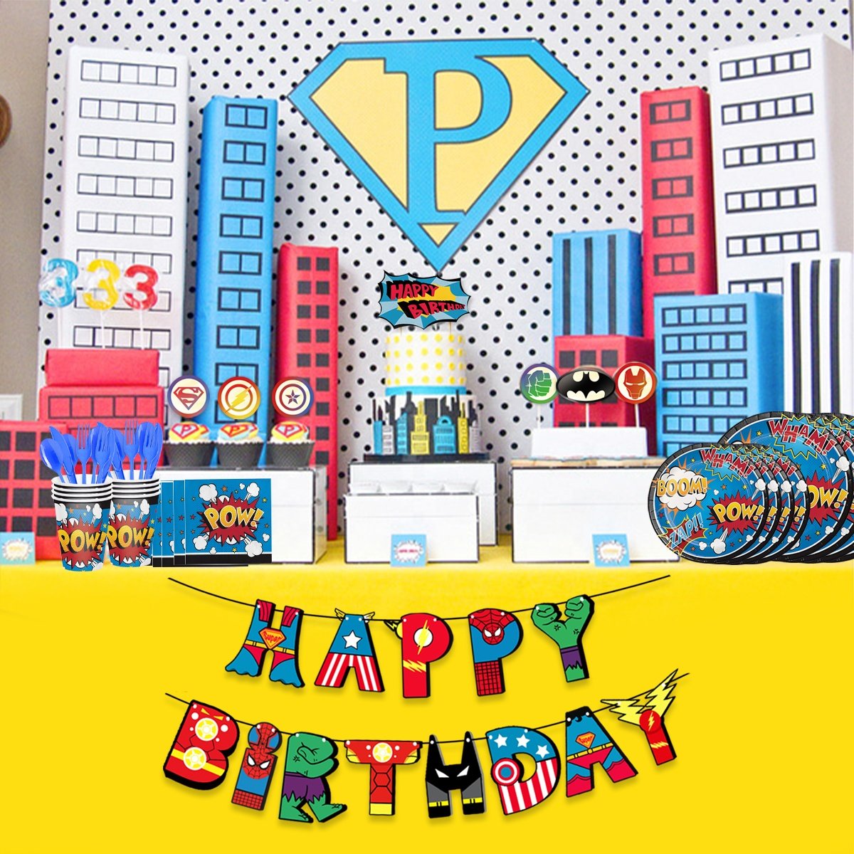 Nicro Super Hero Theme Party Supplies Paper Cup Paper Plate Napkins Cutlery SuperHero Themed Kids Birthday Party Tableware Set