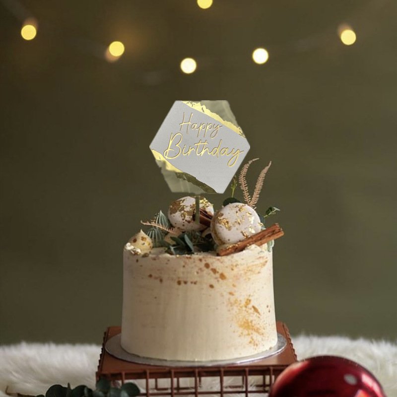 Metallic Gold Painting Happy Birthday Cake Topper Round Hexagon Decoration Party Supplies Decorating Tools Baking Accessories