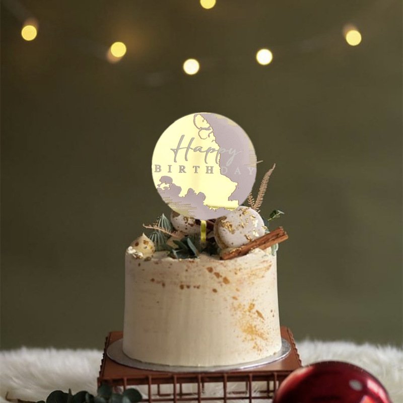 Metallic Gold Painting Happy Birthday Cake Topper Round Hexagon Decoration Party Supplies Decorating Tools Baking Accessories