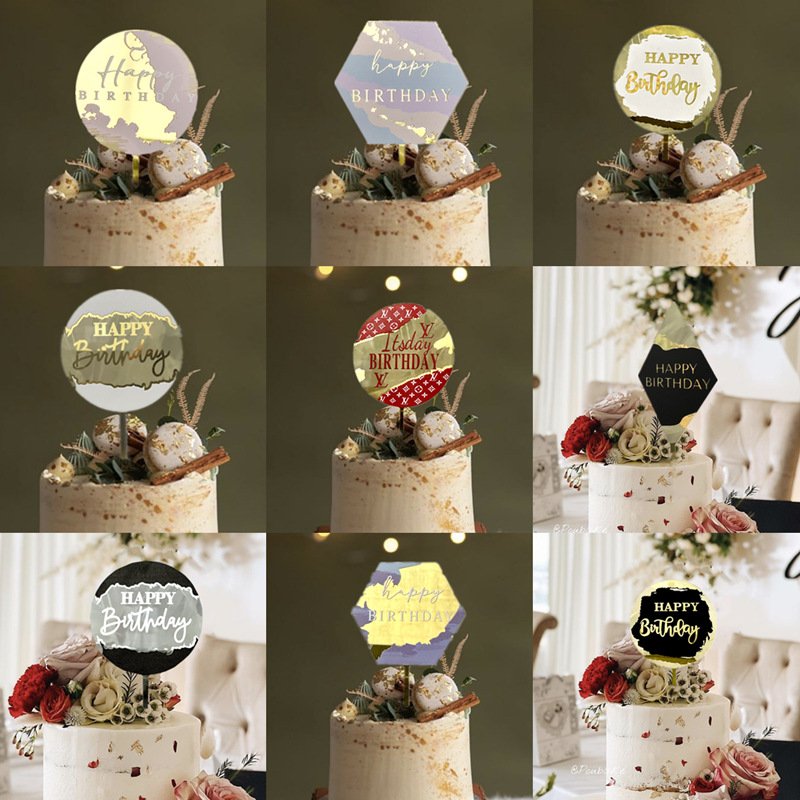 Metallic Gold Painting Happy Birthday Cake Topper Round Hexagon Decoration Party Supplies Decorating Tools Baking Accessories
