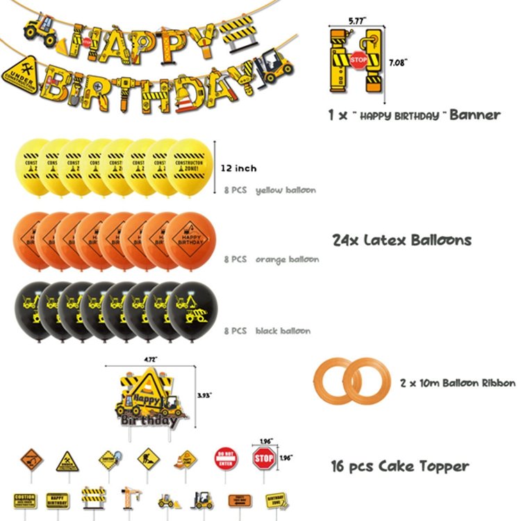 Engineering Vehicle Birthday Theme Cake Topper Latex Balloon Set Kids Party Excavator Banner Party Decoration Supplies X4045