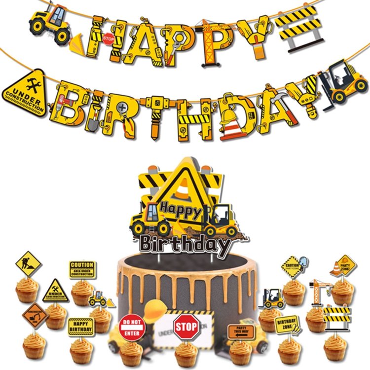 Engineering Vehicle Birthday Theme Cake Topper Latex Balloon Set Kids Party Excavator Banner Party Decoration Supplies X4045