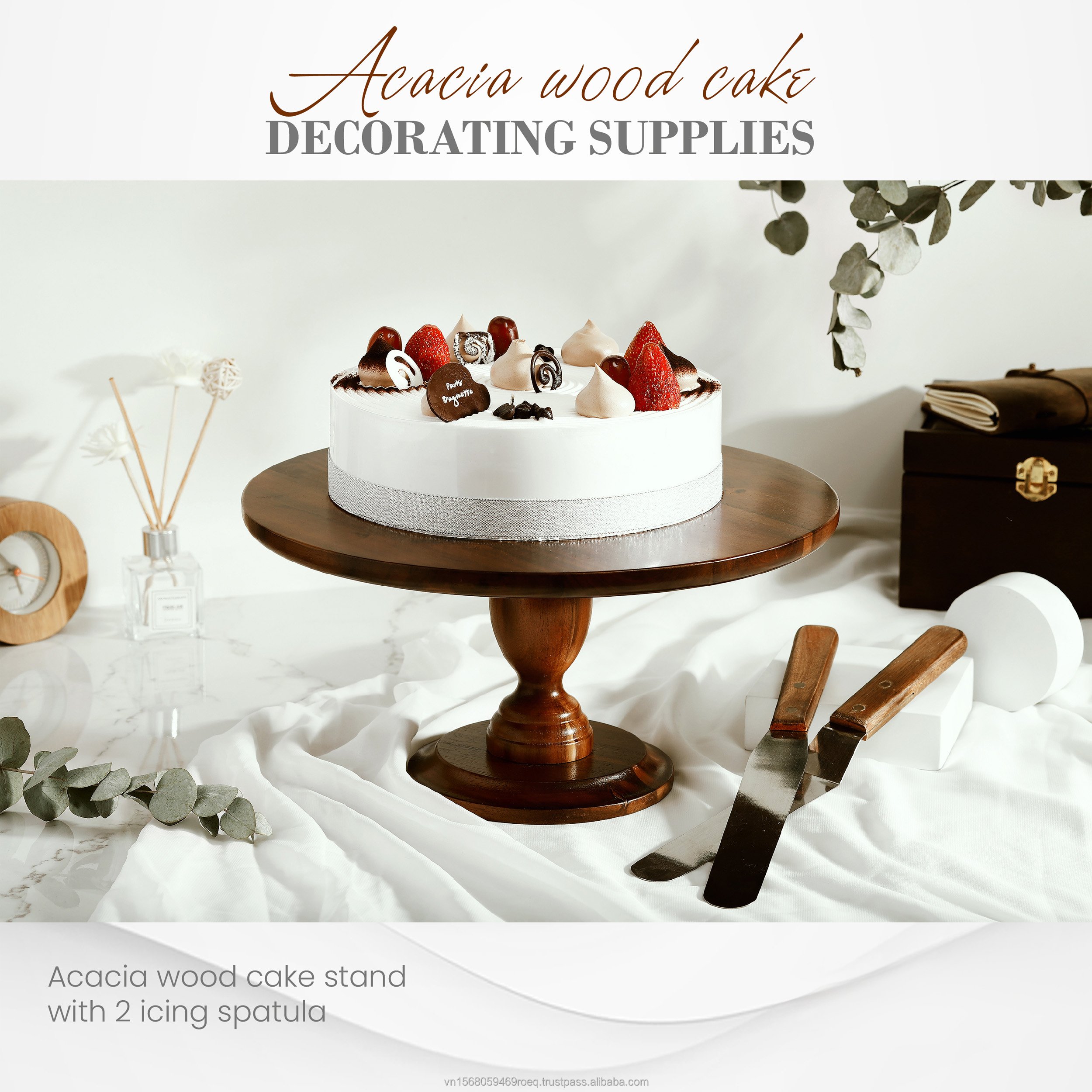Elegant Wooden Cake Stand Acacia Display Stand with 2 Spatula Baking Accessories for Wedding Party Event Decoration