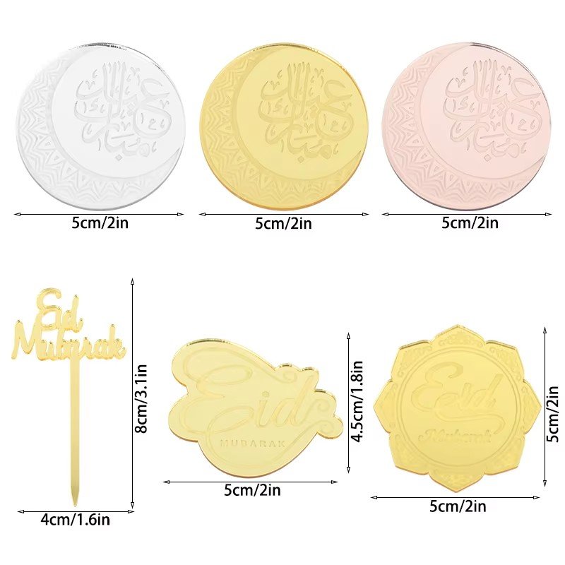 Eid Mubrak Acrylic Cake Topper Gold Silver Cupcake Toppers Ramadan Kareem Decoration Islamic Mulsim Party Baking Cake Supplies