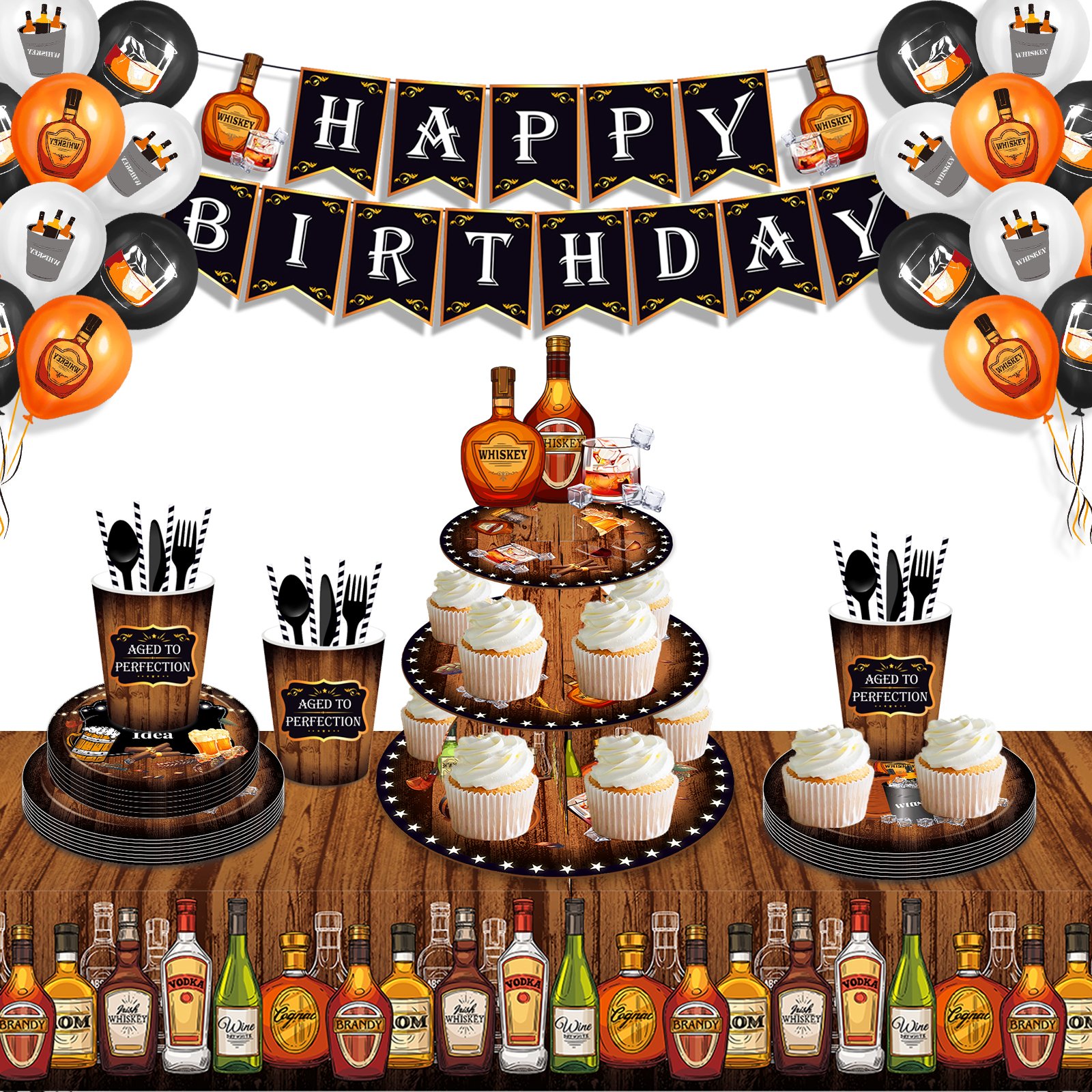 Huancai Whiskey Beer Cake Stand 3 Tier Cupcake Stand Holder Aged to Perfection Party Decorations for Birthday Party Supplies