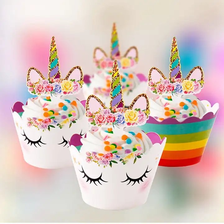 Sunbeauty Hot Sale 24 PCS Rainbow and Gold Glitter Unicorn Cup cake Decoration Toppers