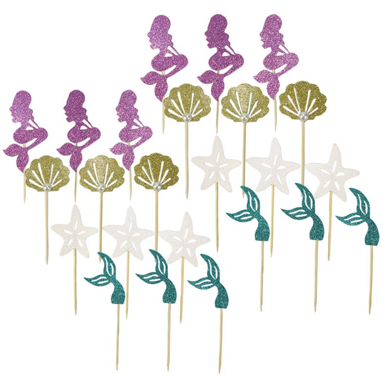 24PCS Mermaid Series party cake Shiny decoration Mermaid Tail Girl Birthday party Cake supplies Mermaid cake Toppers