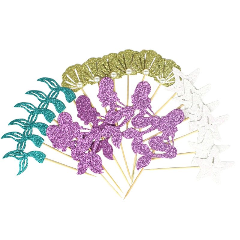 24PCS Mermaid Series party cake Shiny decoration Mermaid Tail Girl Birthday party Cake supplies Mermaid cake Toppers