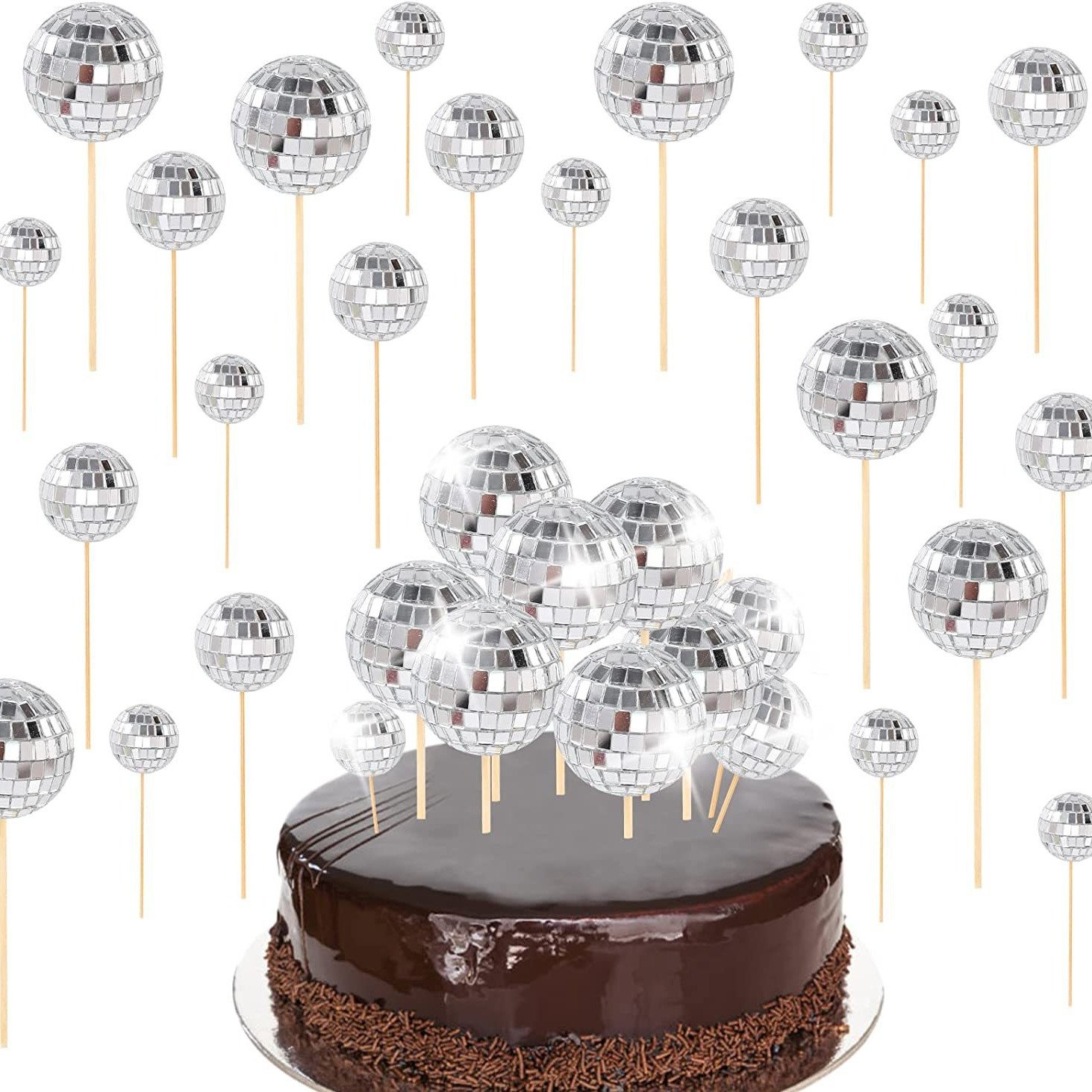 3 cm Mirror Disco Ball Cake Topper Cupcake Toppers Decor for Happy Birthday Wedding Party Decoration Supplies