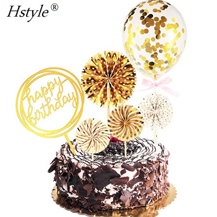 Gold Cake Topper Happy Birthday Cake Topper Confetti Balloon Fan Cupcake Toppers Birthday Cake Decoration Supplies SET590