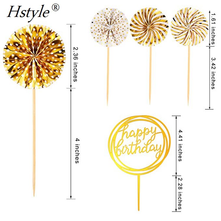 Gold Cake Topper Happy Birthday Cake Topper Confetti Balloon Fan Cupcake Toppers Birthday Cake Decoration Supplies SET590