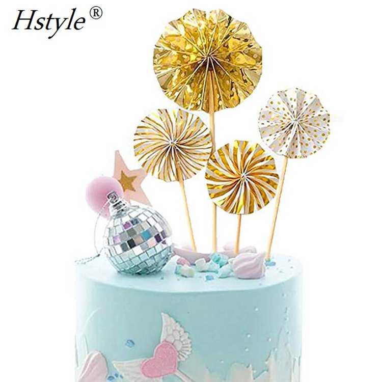 Gold Cake Topper Happy Birthday Cake Topper Confetti Balloon Fan Cupcake Toppers Birthday Cake Decoration Supplies SET590