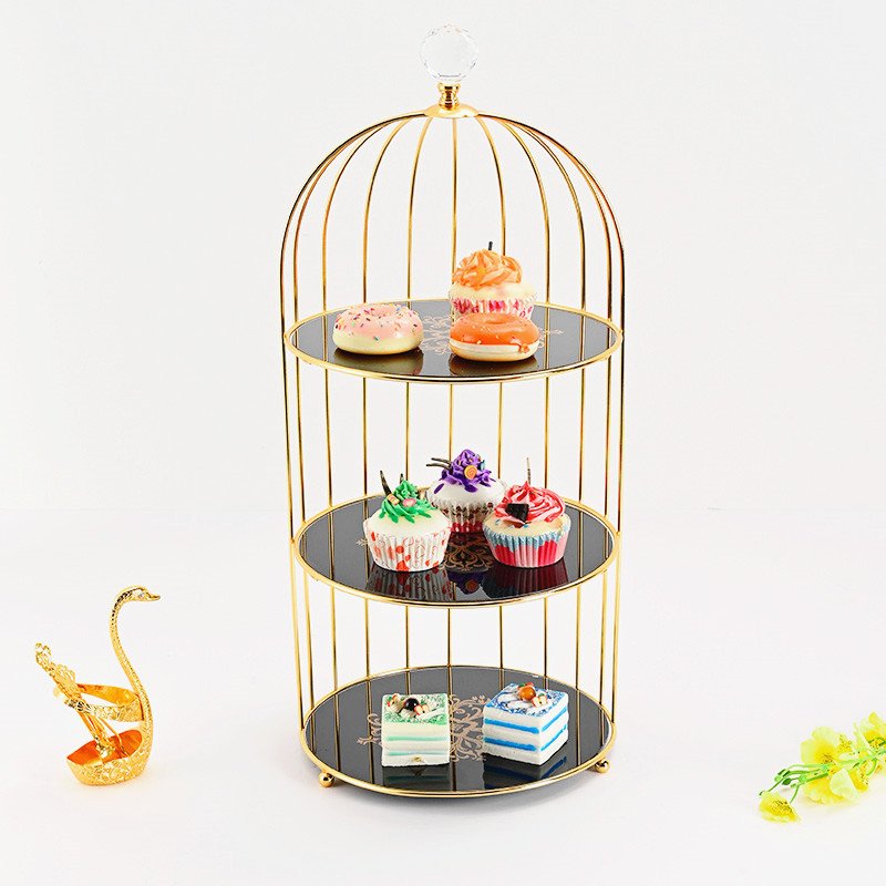 Wedding Christmas Decoration Supplies High Tea Display Stand 2 Tiers Bird Cage Metal Wire Ring Cake Stand