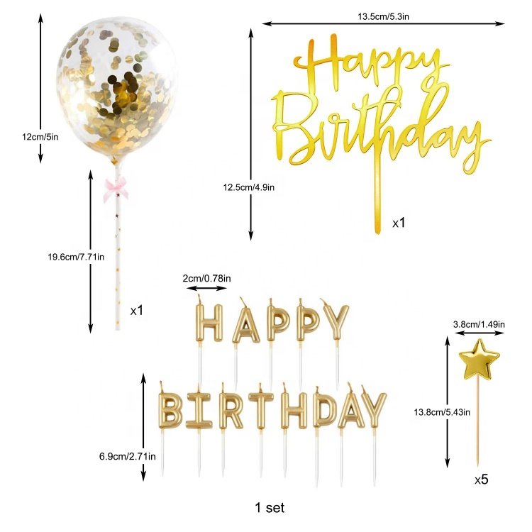 Golden Happy Birthday Candles Happy Birthday Banner Confetti Balloon Stars For Party Decor Boy Girl Kid Men Women Birthday Party