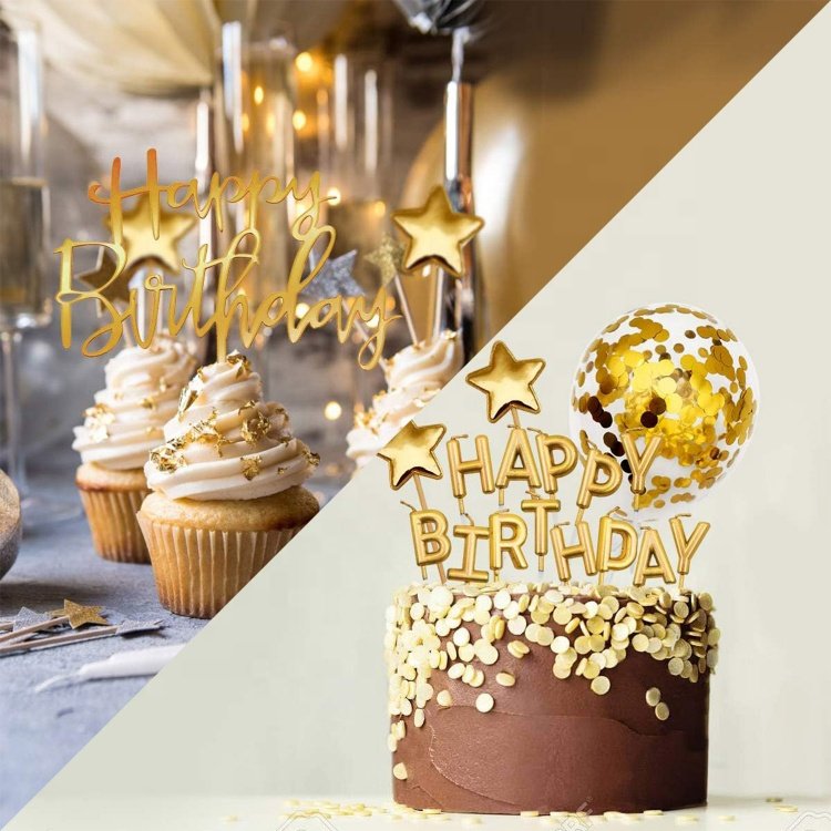 Golden Happy Birthday Candles Happy Birthday Banner Confetti Balloon Stars For Party Decor Boy Girl Kid Men Women Birthday Party