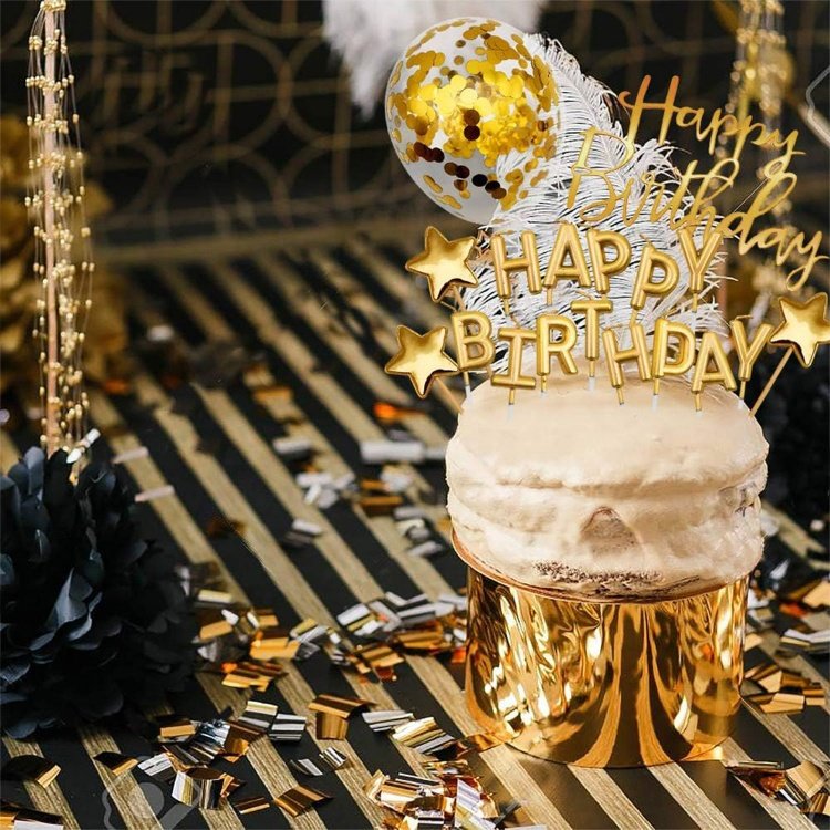 Golden Happy Birthday Candles Happy Birthday Banner Confetti Balloon Stars For Party Decor Boy Girl Kid Men Women Birthday Party
