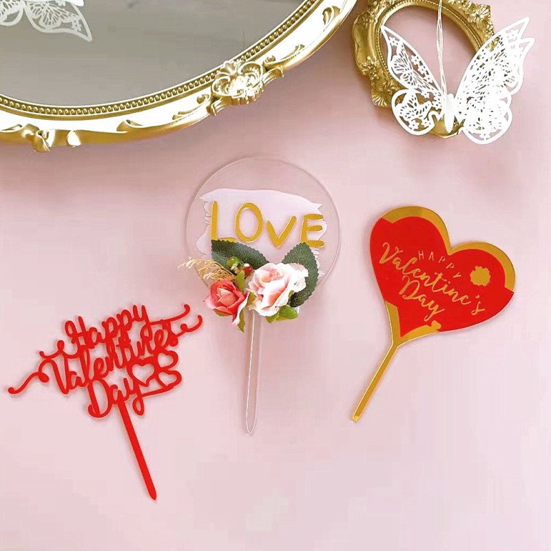 Rose Flower Love Cake Topper for Happy Valentine's Day Lover Spouse Married Couple Dating Cake Topper Acrylic Cake Decor XQA310
