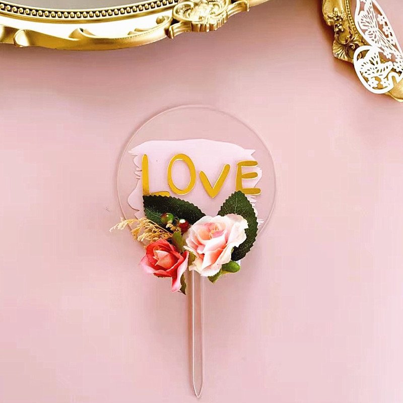 Rose Flower Love Cake Topper for Happy Valentine's Day Lover Spouse Married Couple Dating Cake Topper Acrylic Cake Decor XQA310