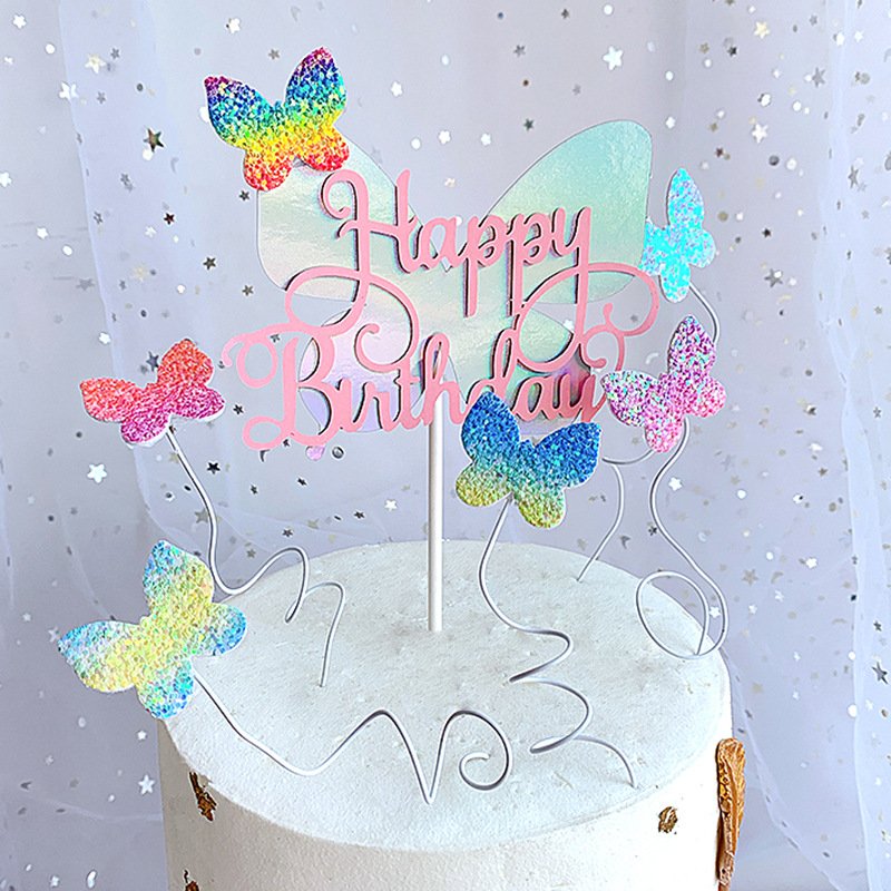 Sweet Party Decorations Gradient Butterfly Cake Toppers Shinny Happy Birthday Butterfly Cake Topper For Party