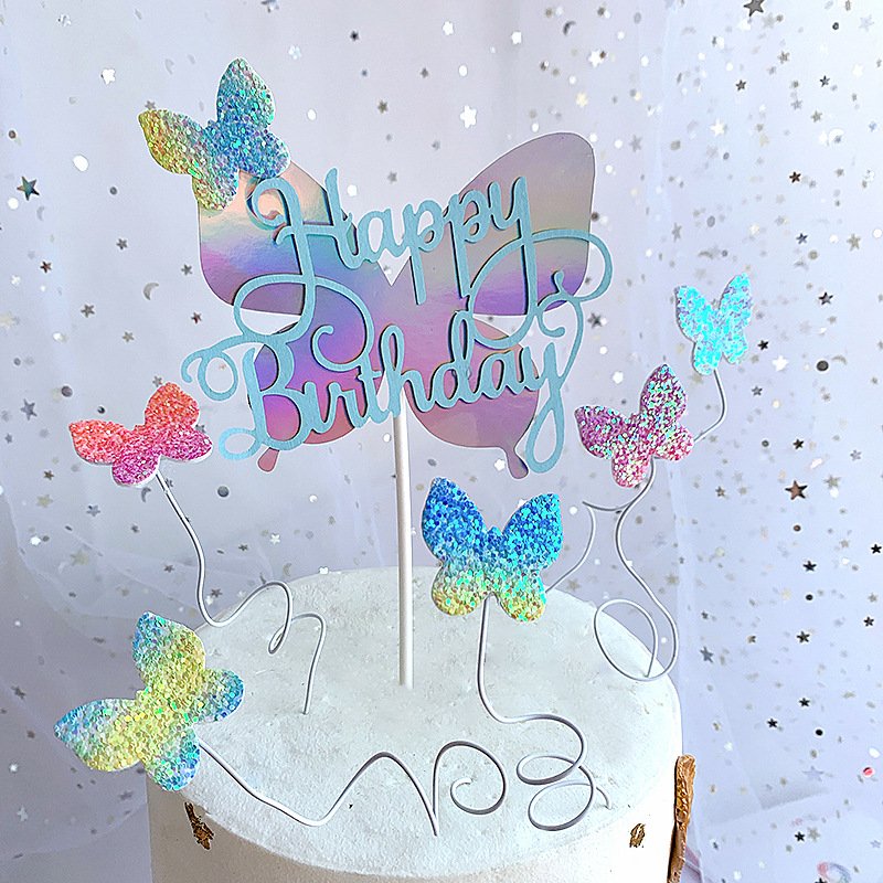 Sweet Party Decorations Gradient Butterfly Cake Toppers Shinny Happy Birthday Butterfly Cake Topper For Party