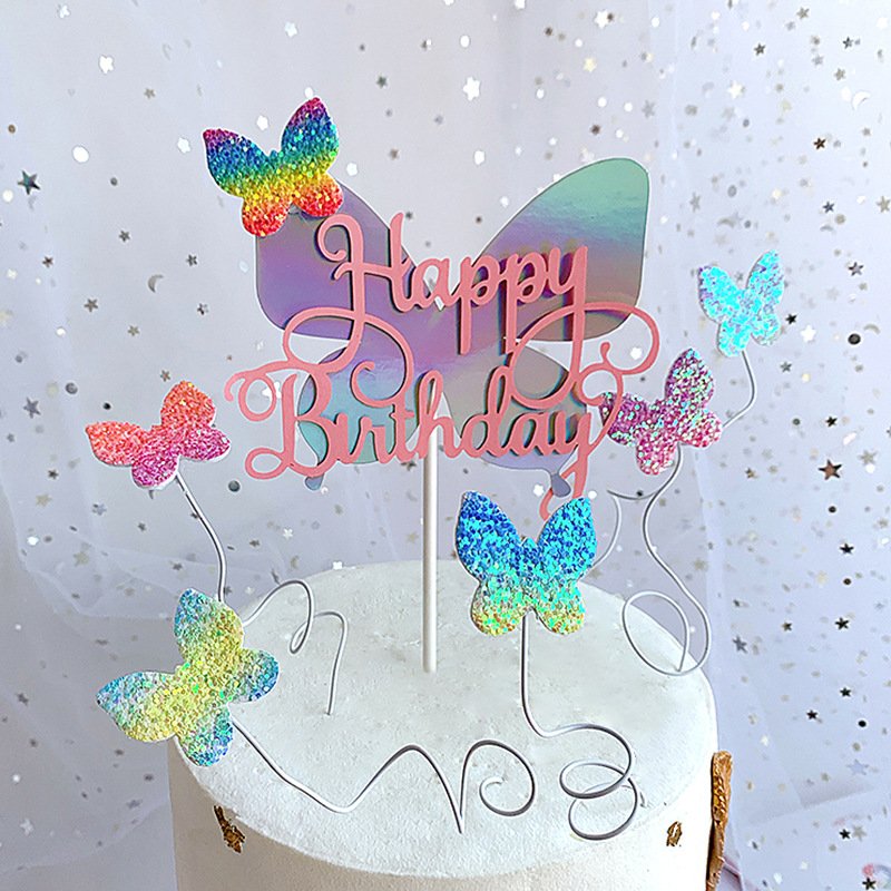 Sweet Party Decorations Gradient Butterfly Cake Toppers Shinny Happy Birthday Butterfly Cake Topper For Party