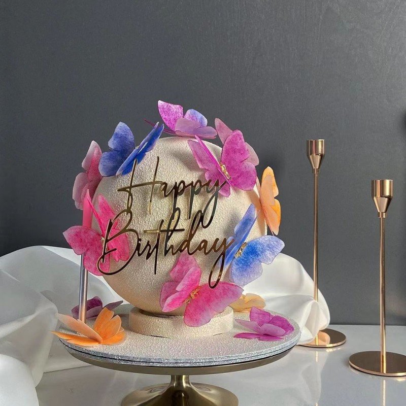 New Design Side Happy Birthday Cake Topper Gold Acrylic Cupcake Baking Tools Side Cake Decorations for Boy Girl Party Supplies