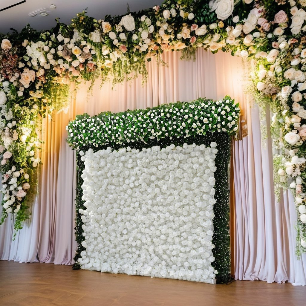 Quinceanera Wedding Decorations 5D White Silk Roses 8x8 White Fabric Flower Wall Christmas Graduation Event Photo Booth Props