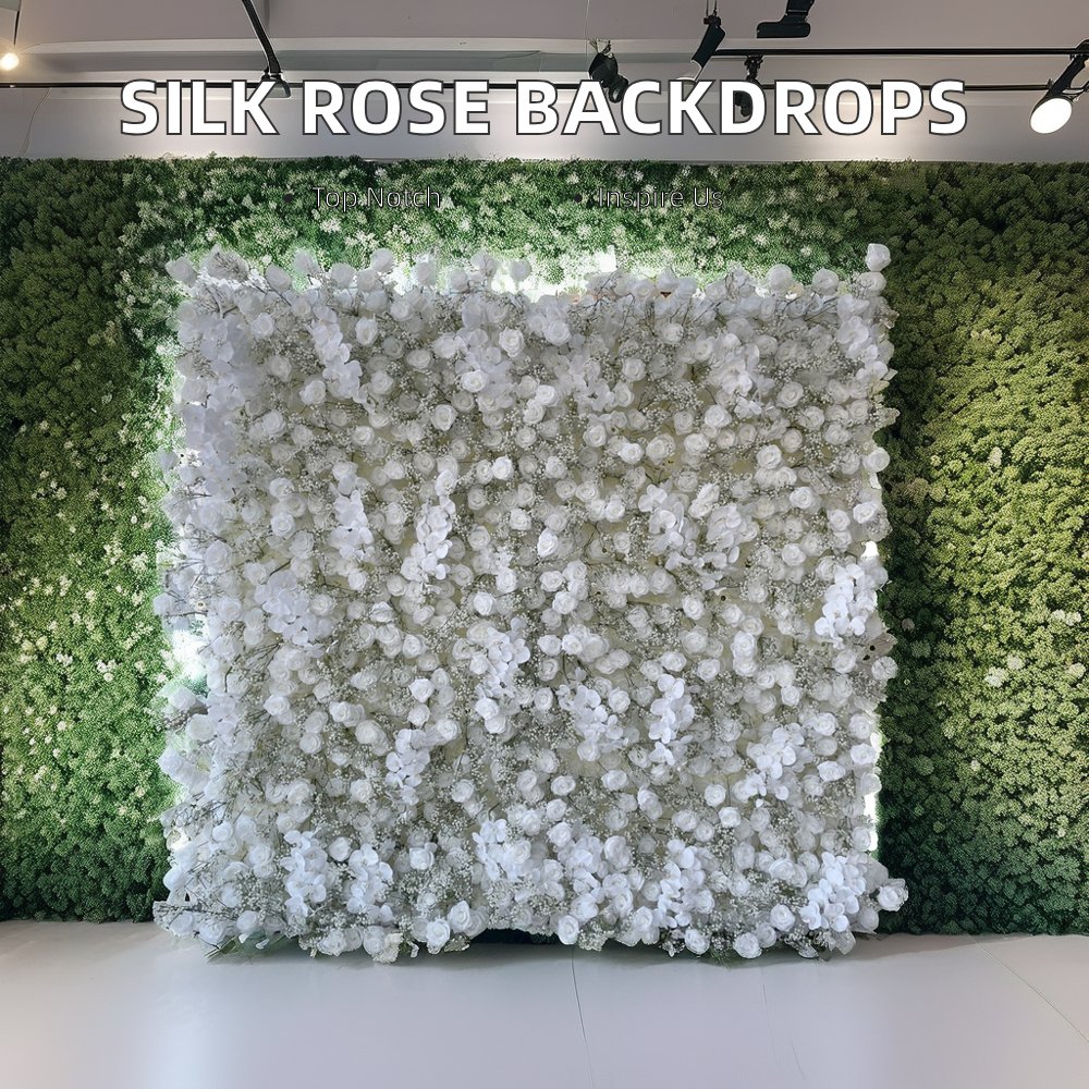 Quinceanera Wedding Decorations 5D White Silk Roses 8x8 White Fabric Flower Wall Christmas Graduation Event Photo Booth Props