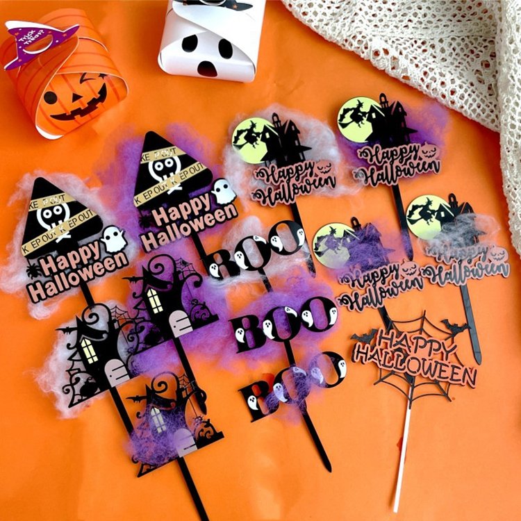 Hstyle Color Printed Acrylic Halloween Cake Topper Happy Halloween Boo Cake Inserts Wedding Festival Kids Birthday Party Decors