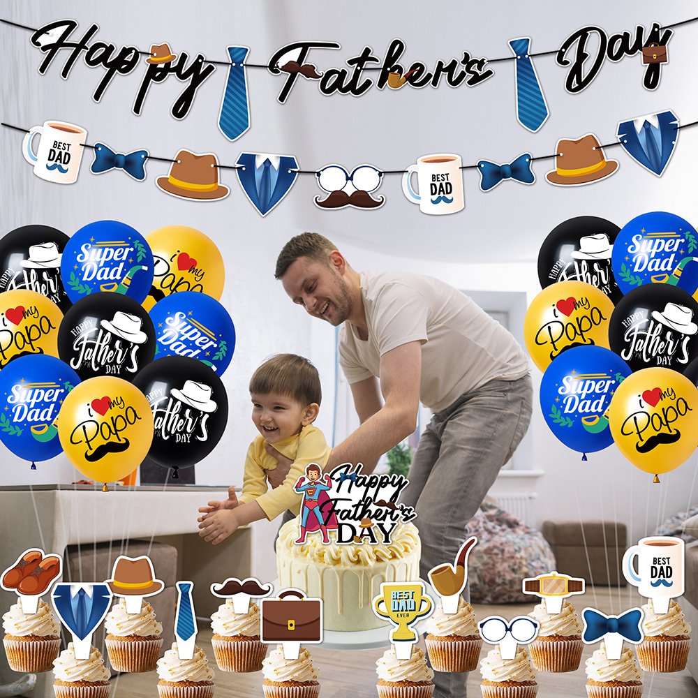 Happy Fathers Day Decorations,Fathers Day Sign Decoration with Happy Father's Day Banner,Balloons and cake toppers