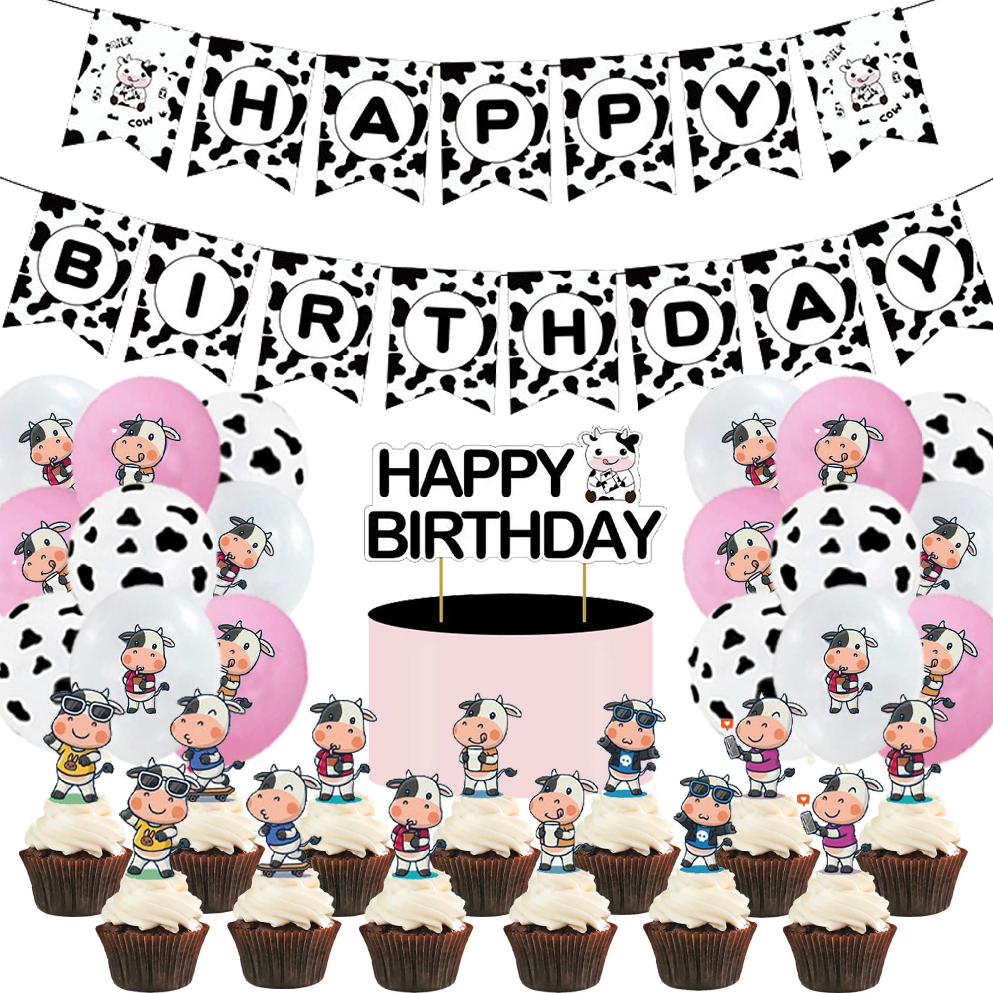 Cow Theme Birthday Party Decorations Party Balloons Flags Cupcake Toppers Cake Flag Baby Shower Disposable Tableware Set