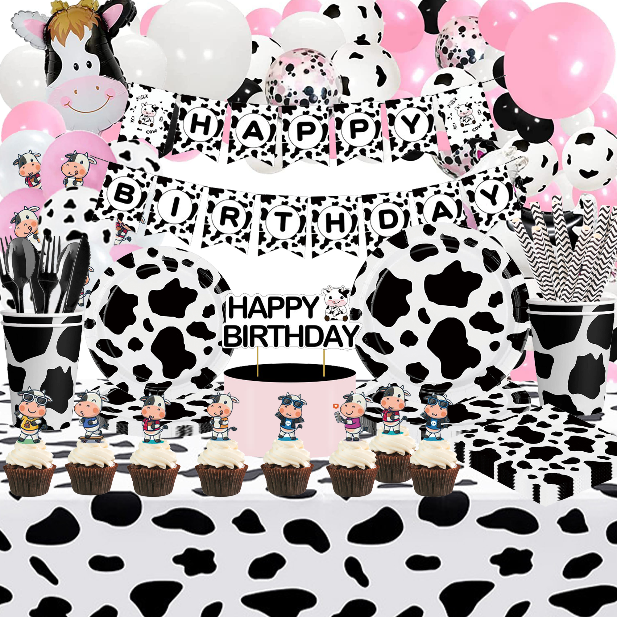 Cow Theme Birthday Party Decorations Party Balloons Flags Cupcake Toppers Cake Flag Baby Shower Disposable Tableware Set