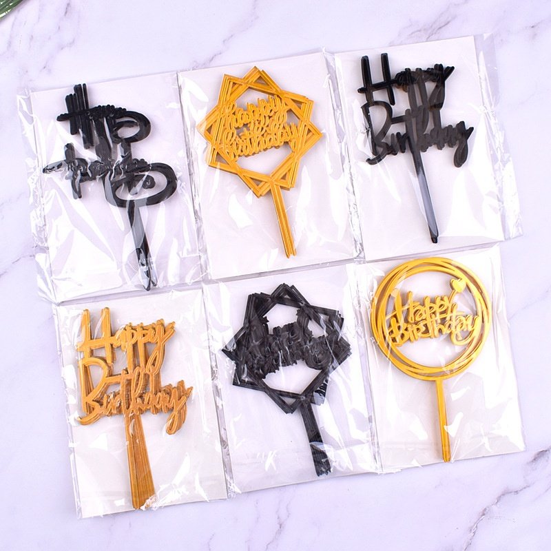 XJH Wholesale Cake Decorating Baking Tools Gold Acrylic Happy Birthday Cake Topper DIY Cupcake Toppers with Stick