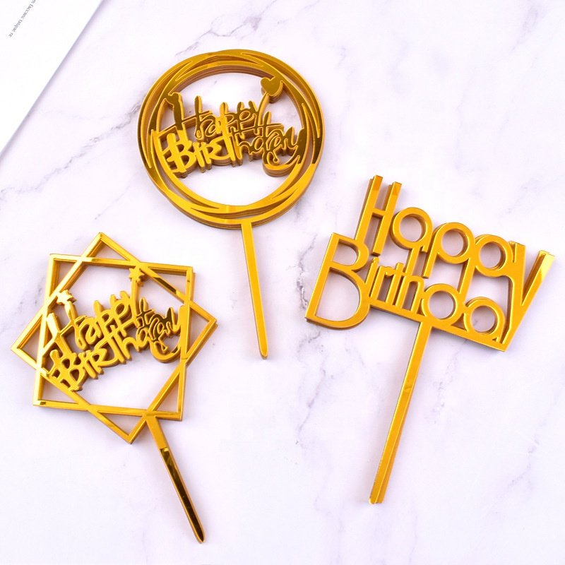 XJH Wholesale Cake Decorating Baking Tools Gold Acrylic Happy Birthday Cake Topper DIY Cupcake Toppers with Stick