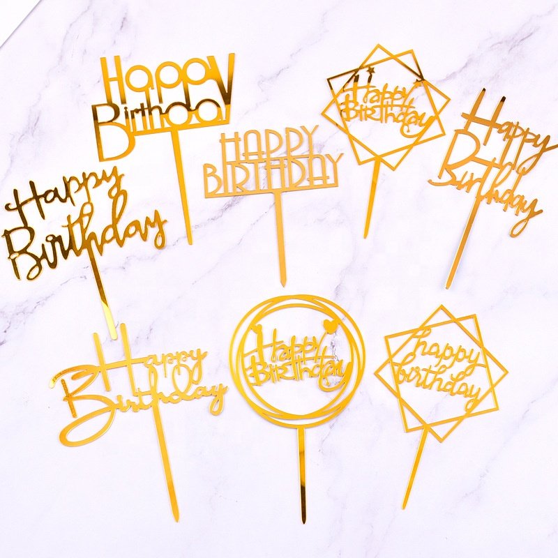 XJH Wholesale Cake Decorating Baking Tools Gold Acrylic Happy Birthday Cake Topper DIY Cupcake Toppers with Stick