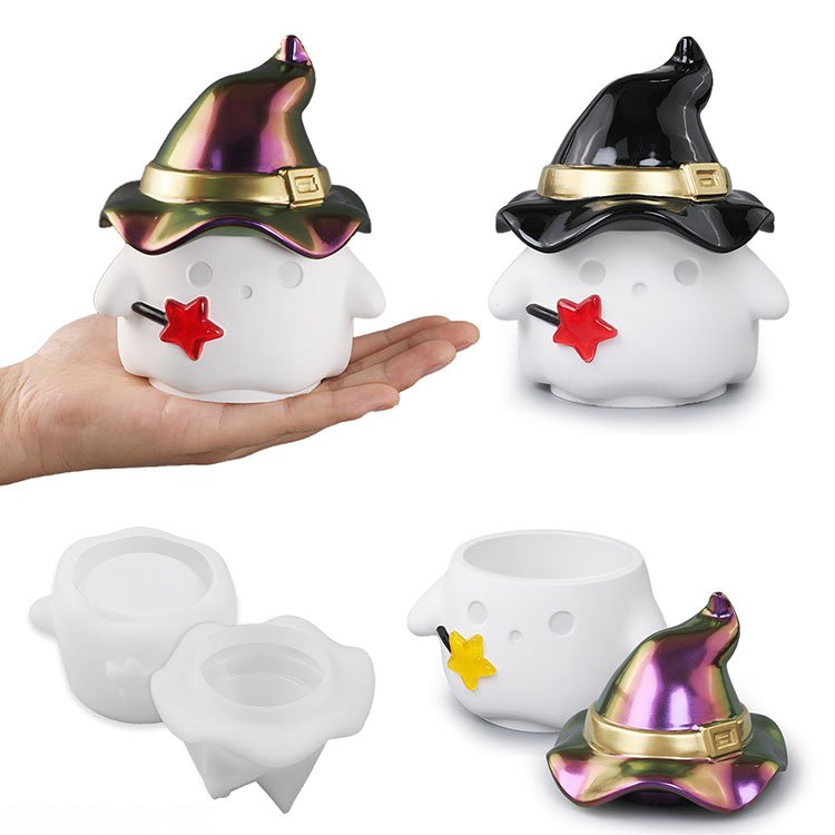 YS Cute Ghost Storage Box Silicone Mold Resin Jar Molds with Lid Halloween Candle Cup Mold Plaster Concrete Candle Jar Mould