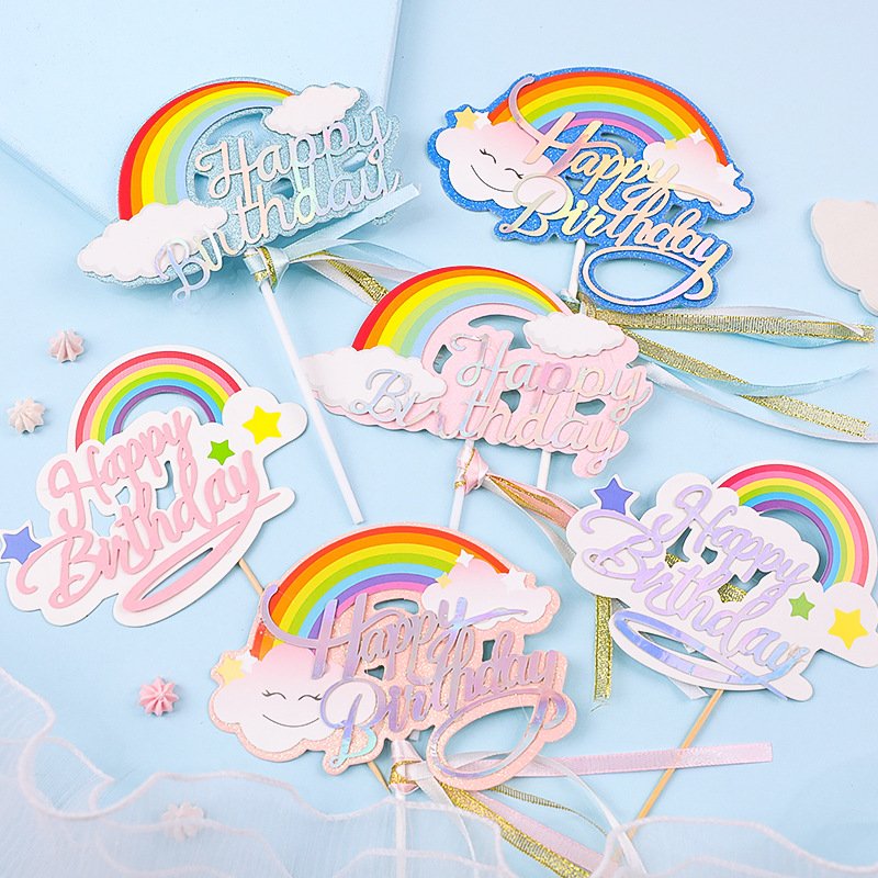 cake decorating supplies Colorful Rainbow Happy Birthday Cake Topper Glitter Cake Decorating Tools Flower Decorated