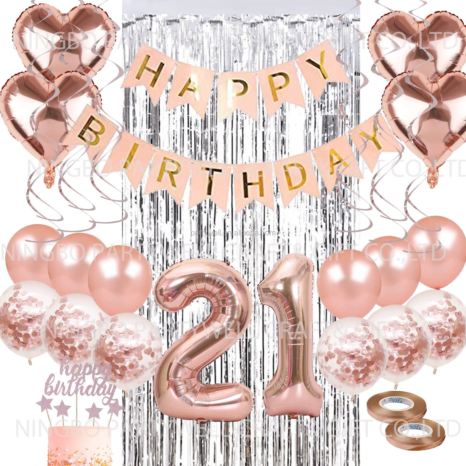 21 Rose Gold Happy Birthday Party Supplies with Banner, Foil Balloon, Curtain,Cake Topper,swirl Set