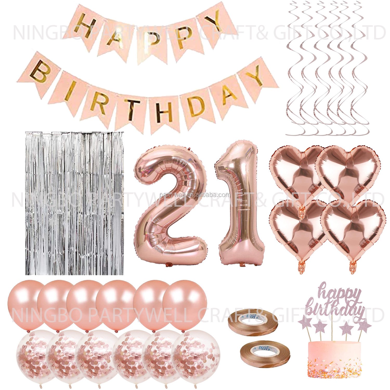 21 Rose Gold Happy Birthday Party Supplies with Banner, Foil Balloon, Curtain,Cake Topper,swirl Set
