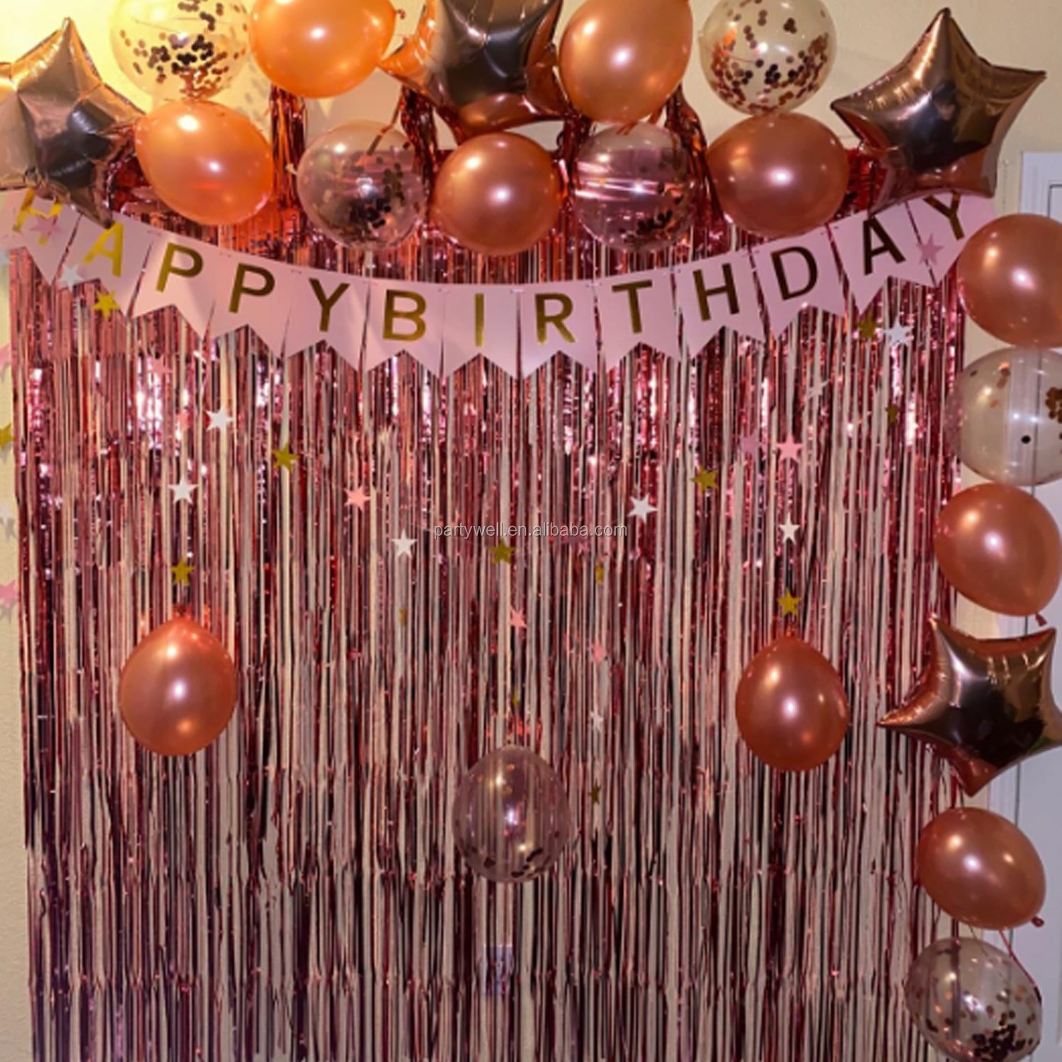 21 Rose Gold Happy Birthday Party Supplies with Banner, Foil Balloon, Curtain,Cake Topper,swirl Set