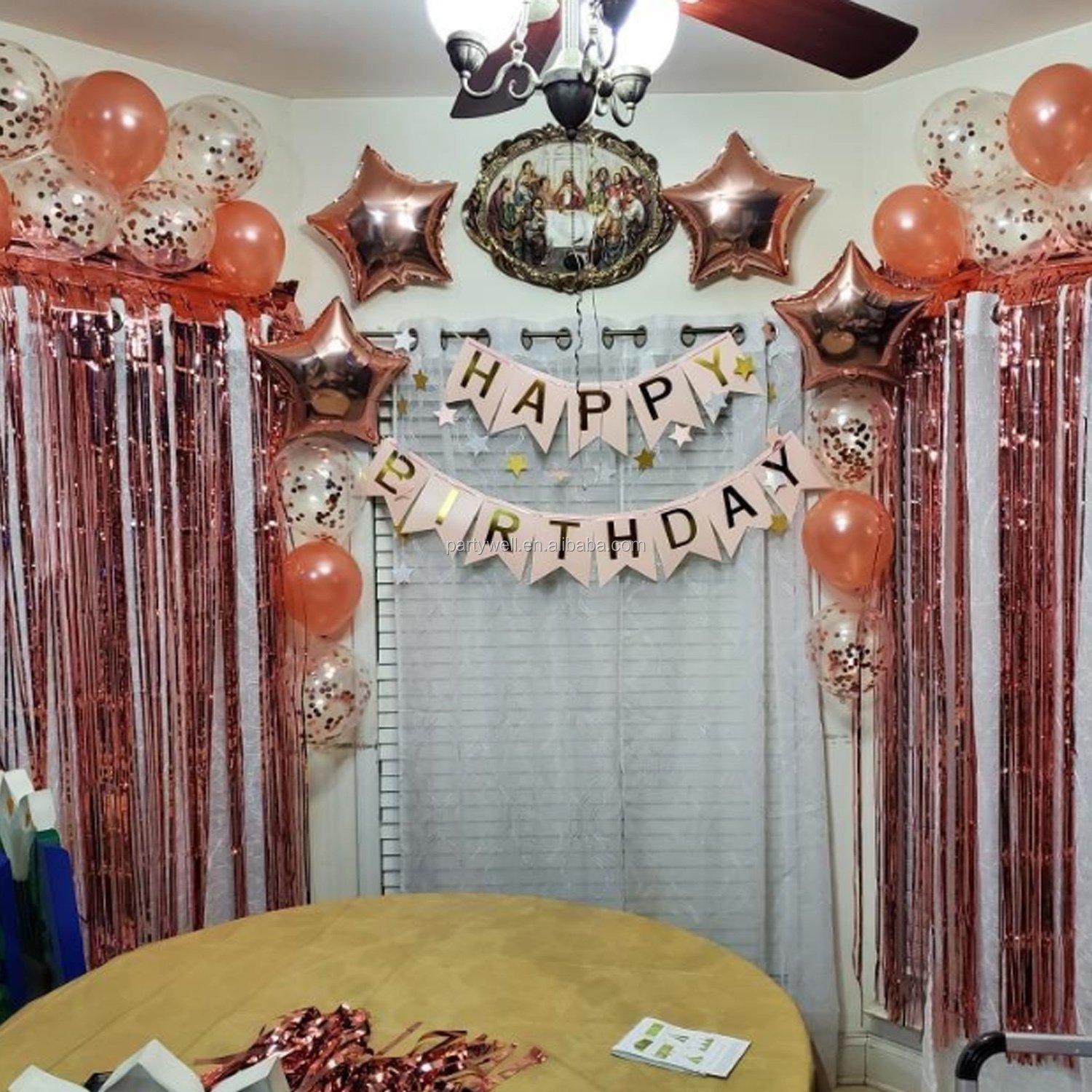 21 Rose Gold Happy Birthday Party Supplies with Banner, Foil Balloon, Curtain,Cake Topper,swirl Set