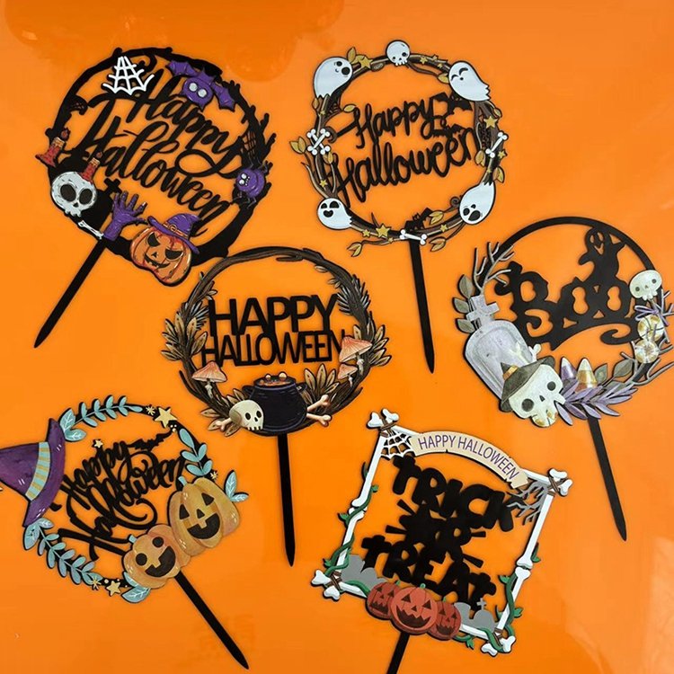 Hstyle Happy Halloween Acrylic Cake Topper Trick or Treat Cake Topper Halloween Pumpkin Cupcake Decorations Cake Accessories
