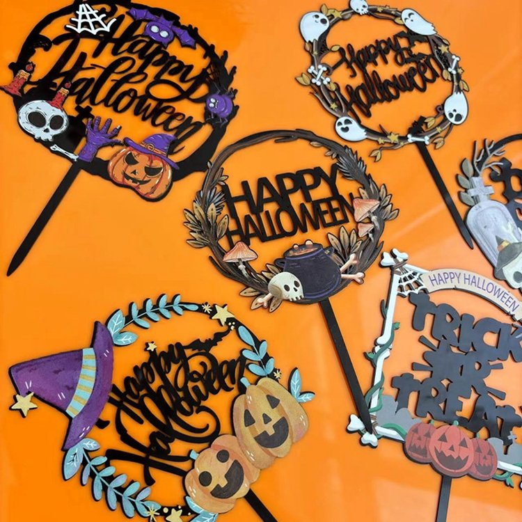 Hstyle Happy Halloween Acrylic Cake Topper Trick or Treat Cake Topper Halloween Pumpkin Cupcake Decorations Cake Accessories