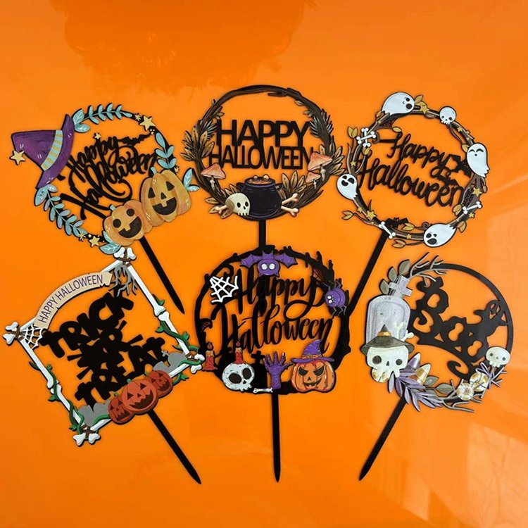 Hstyle Happy Halloween Acrylic Cake Topper Trick or Treat Cake Topper Halloween Pumpkin Cupcake Decorations Cake Accessories