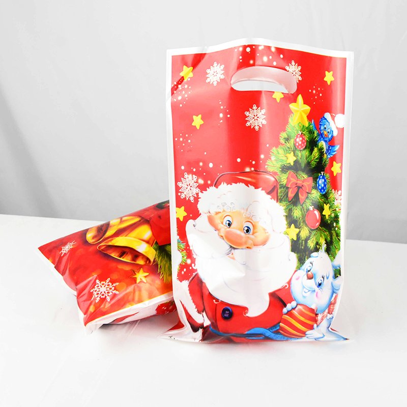 Merry Christmas Plastic Handle Bag Cake Cookies Candy Packing Gift Bags Holiday Packaging Supplies Xmas Decoration